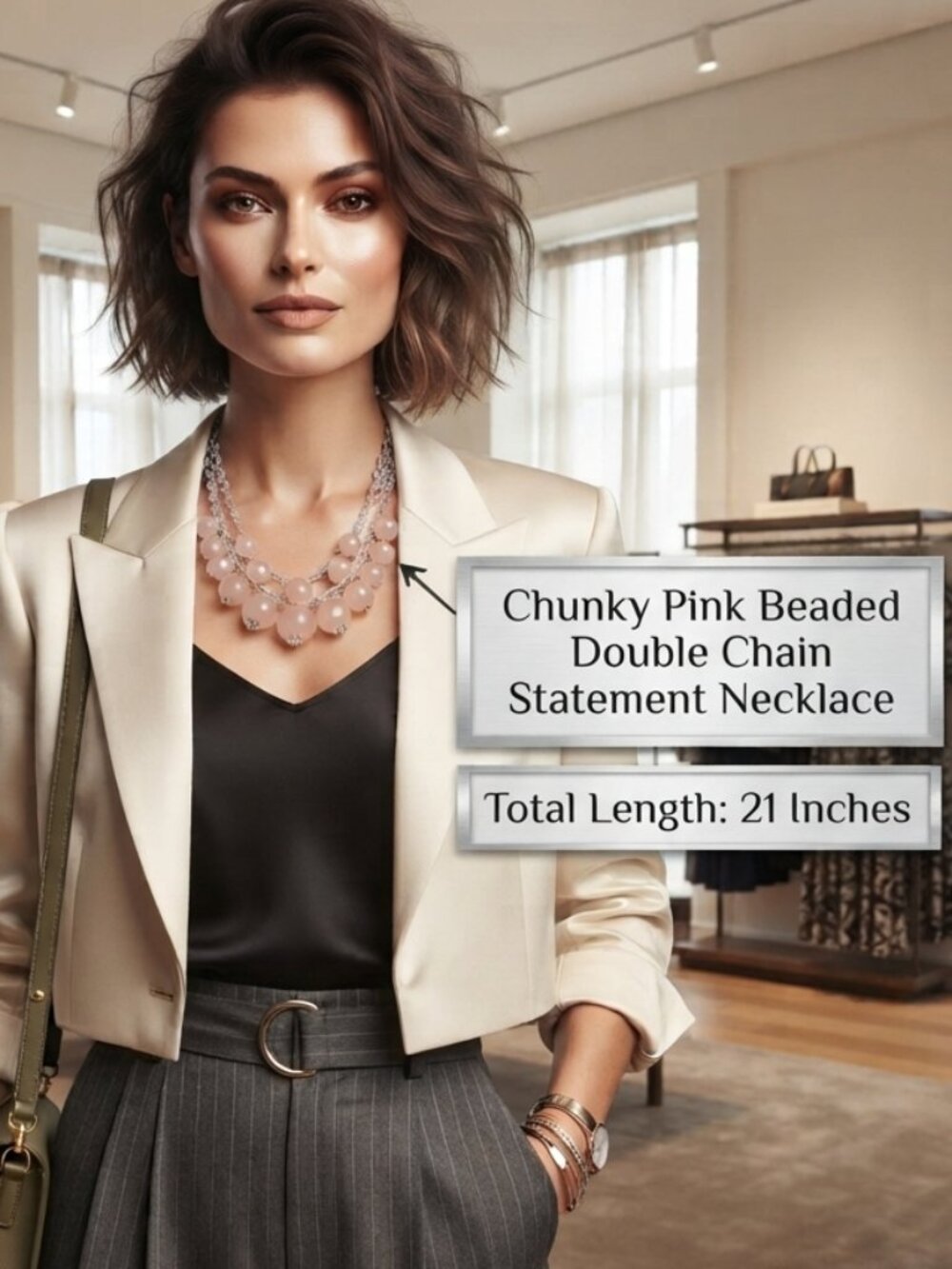 Banana Republic Chunky Pink Beaded Double Chain Statement Necklace 21 Inch